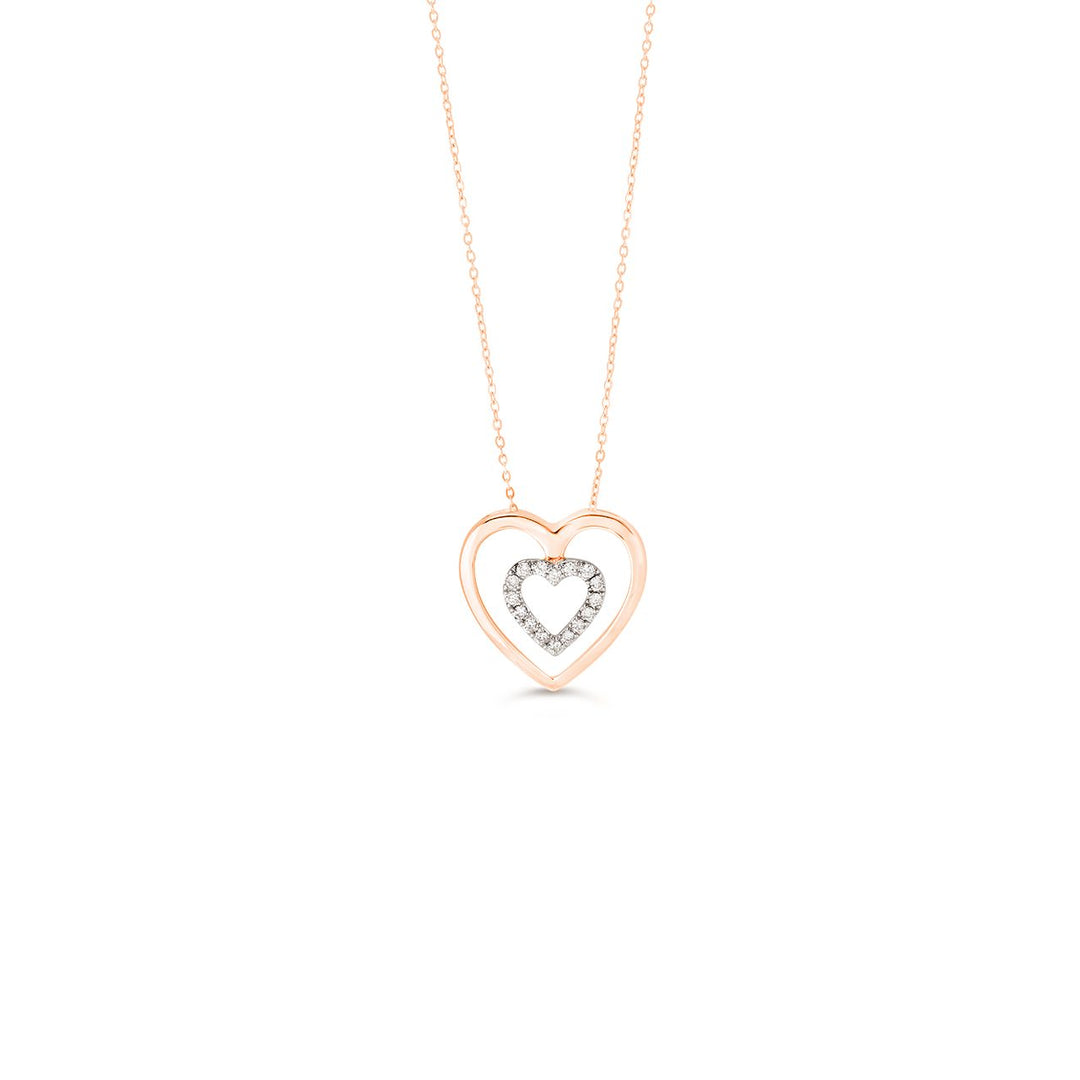 Elegant 10K rose gold pendant featuring a double heart design with a smaller heart encrusted with 0.08 ct diamonds, paired with a matching chain.