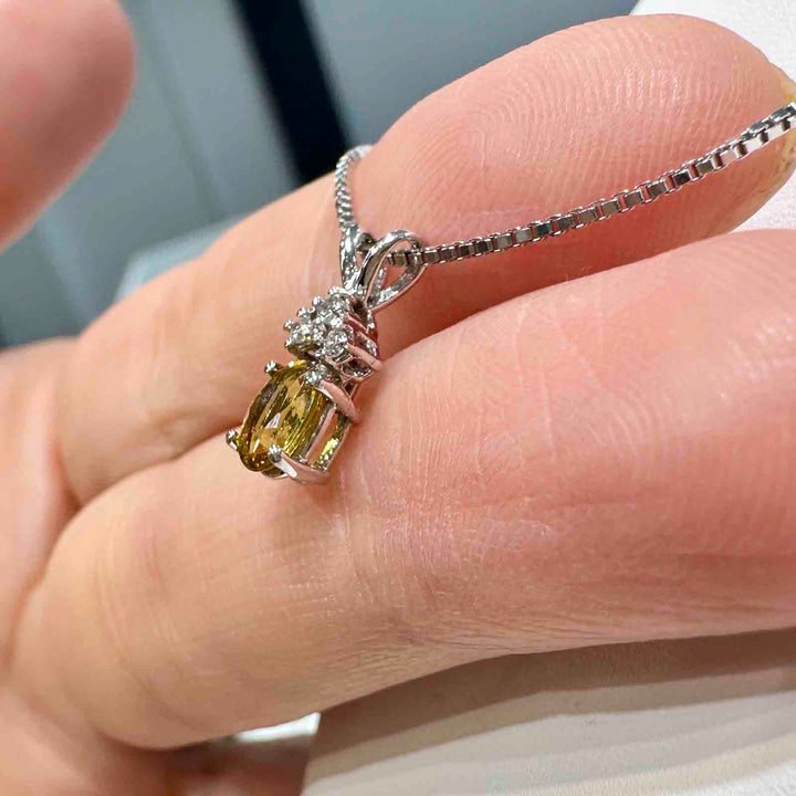 14K white gold pendant with genuine citrine and natural diamond on an 18" 14K white gold box chain, perfect for November birthstone gifts.