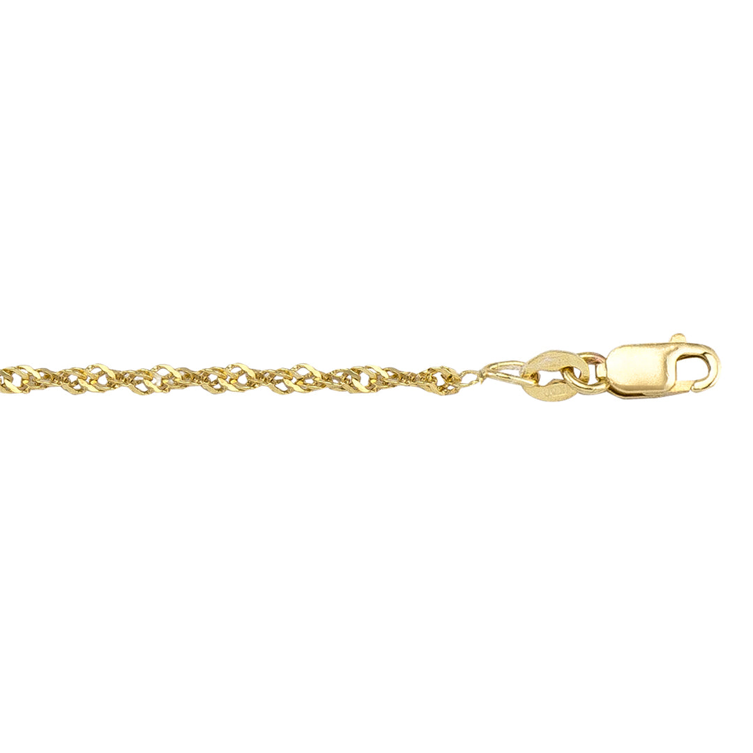 10K yellow gold solid Singapore link anklet with a secure lobster clasp, 1.7 mm width, 9.5 inches length.