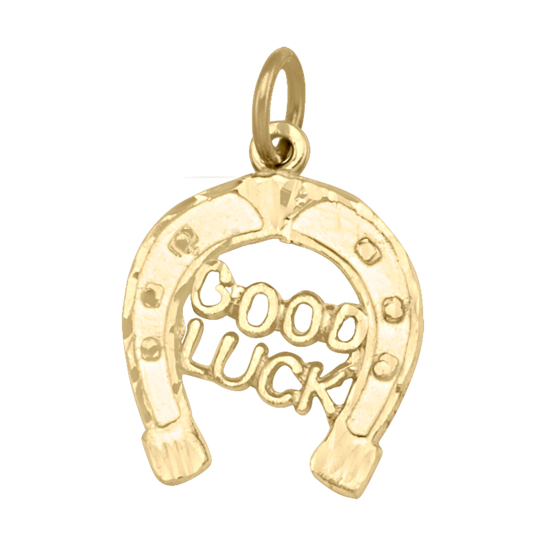 10K yellow gold horseshoe charm pendant with "Good Luck" inscribed.