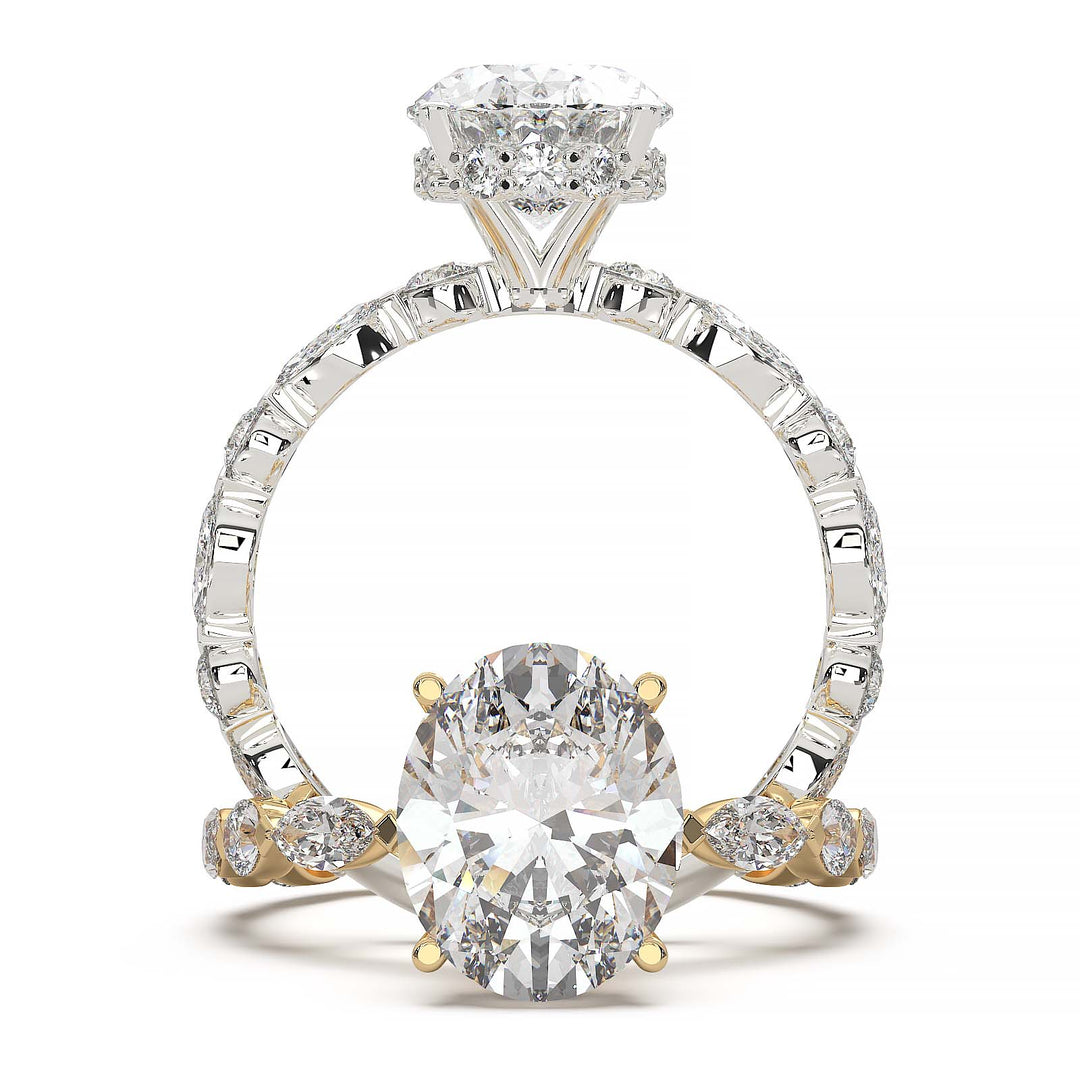 2.4 Carat Oval Lab-Grown Diamond Ring with Hidden Halo and Floating Marquise Diamonds