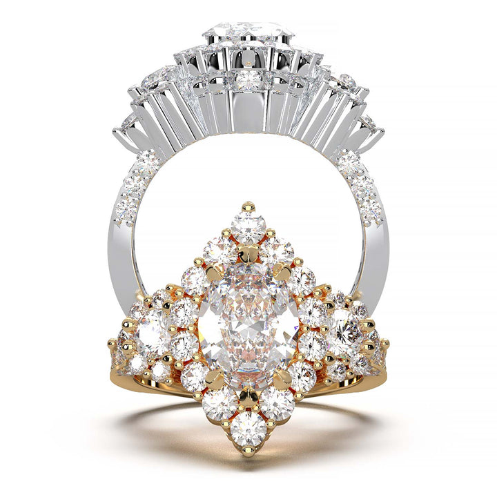 Majestic 1.30 CT Oval-Cut Lab-Grown Diamond Engagement Ring Encircled by a Sparkling Halo and Adorned with an Under-gallery of Pave Diamonds in a Yellow Gold Setting