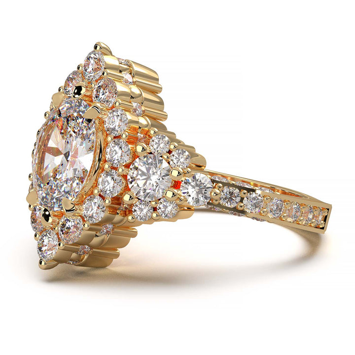 Majestic 1.30 CT Oval-Cut Lab-Grown Diamond Engagement Ring Encircled by a Sparkling Halo and Adorned with an Under-gallery of Pave Diamonds in a Yellow Gold Setting
