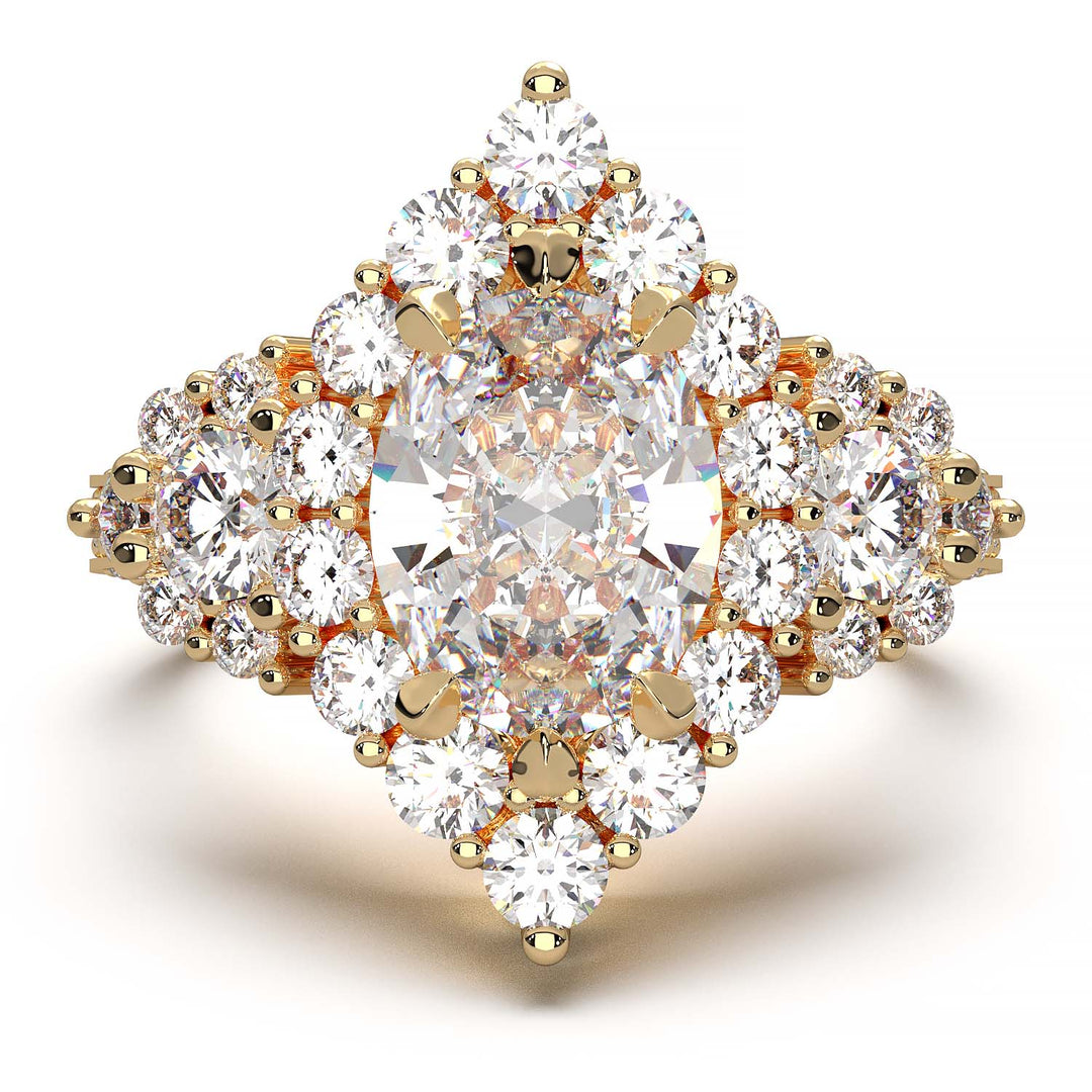 Majestic 1.30 CT Oval-Cut Lab-Grown Diamond Engagement Ring Encircled by a Sparkling Halo and Adorned with an Under-gallery of Pave Diamonds in a Yellow Gold Setting