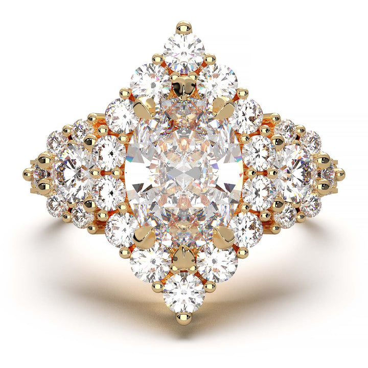 Majestic 1.30 CT Oval-Cut Lab-Grown Diamond Engagement Ring Encircled by a Sparkling Halo and Adorned with an Under-gallery of Pave Diamonds in a Yellow Gold Setting