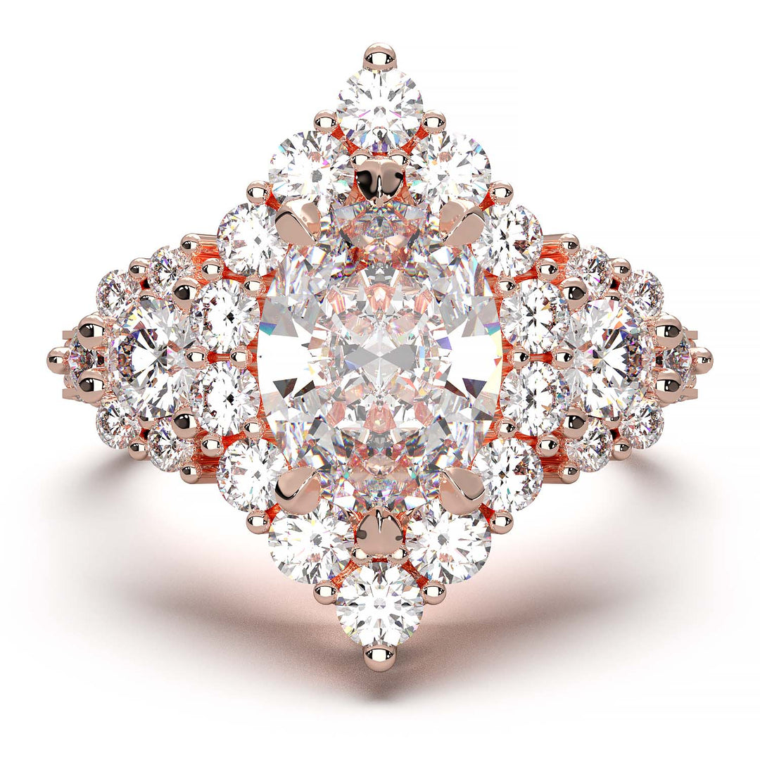 Majestic 1.30 CT Oval-Cut Lab-Grown Diamond Engagement Ring Encircled by a Sparkling Halo and Adorned with an Under-gallery of Pave Diamonds in a Yellow Gold Setting