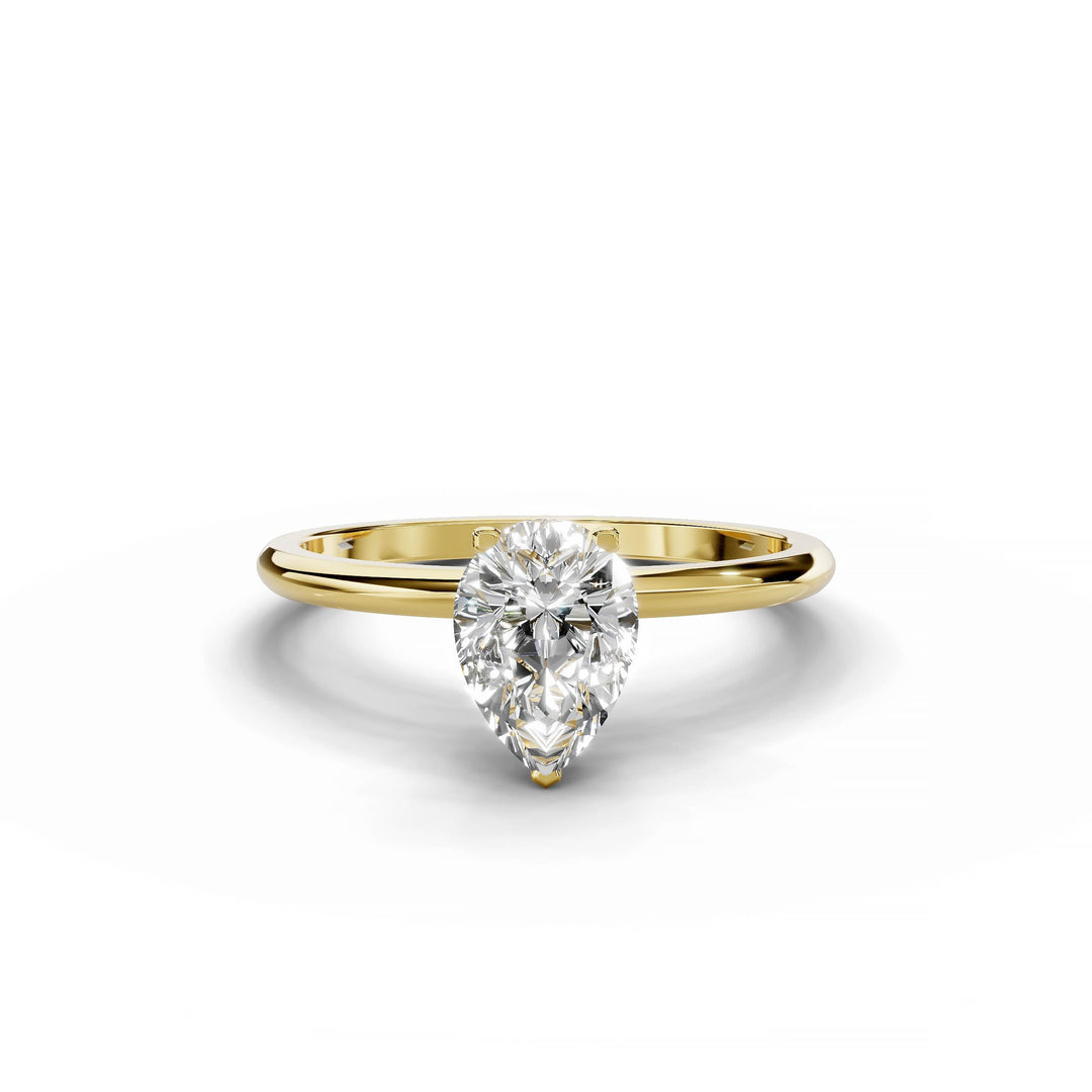 Pear-shaped diamond engagement ring, hidden halo, custom design, yellow gold.