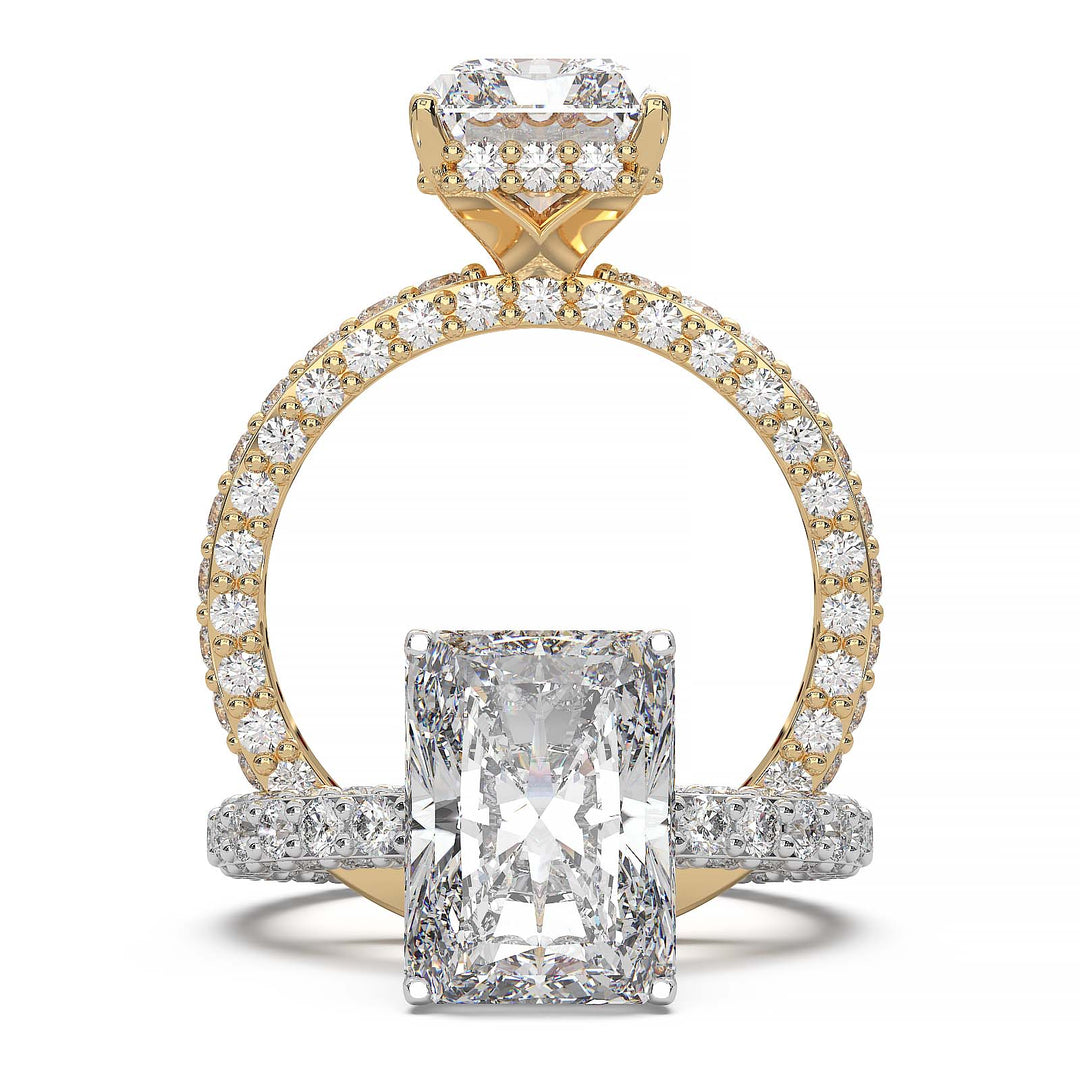 Radiant-cut 3.6 carat lab diamond ring with hidden halo and triple-row pave band
