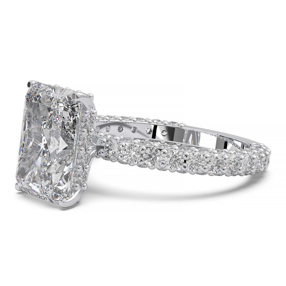Radiant-cut 3.6 carat lab diamond ring with hidden halo and triple-row pave band