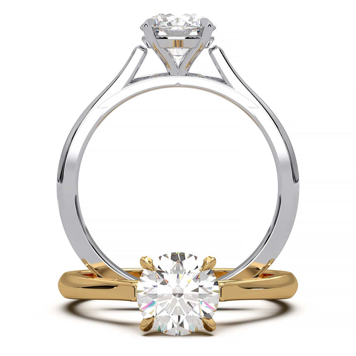 Elegant round cathedral setting engagement ring with a single diamond in a prong setting