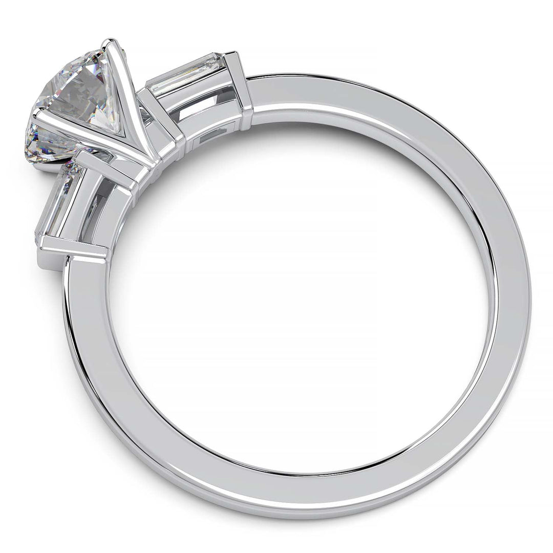 Elegant Round Diamond and Baguette Engagement Ring in Platinum or Gold