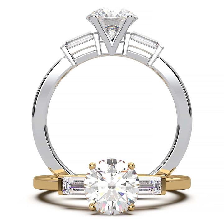 Elegant Round Diamond and Baguette Engagement Ring in Platinum or Gold