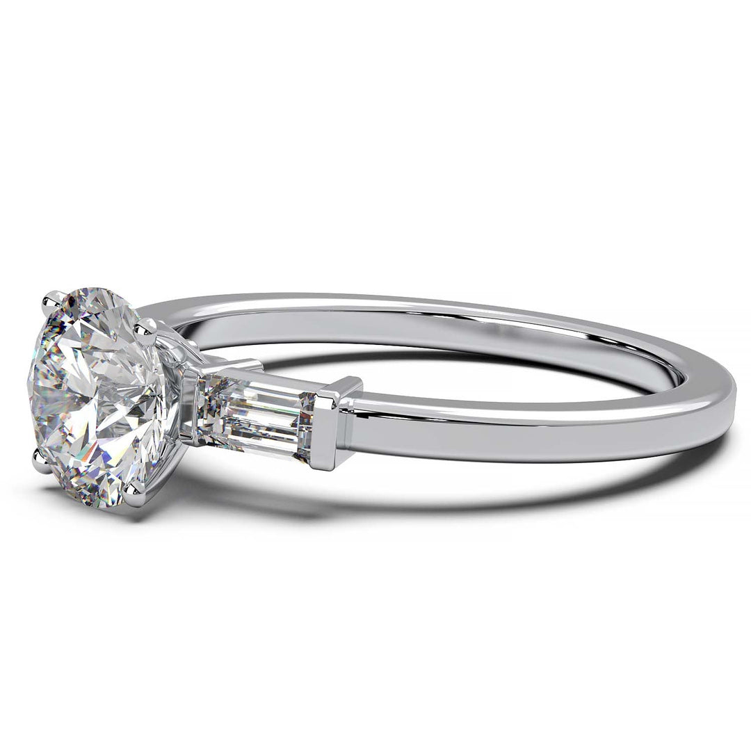 Elegant Round Diamond and Baguette Engagement Ring in Platinum or Gold