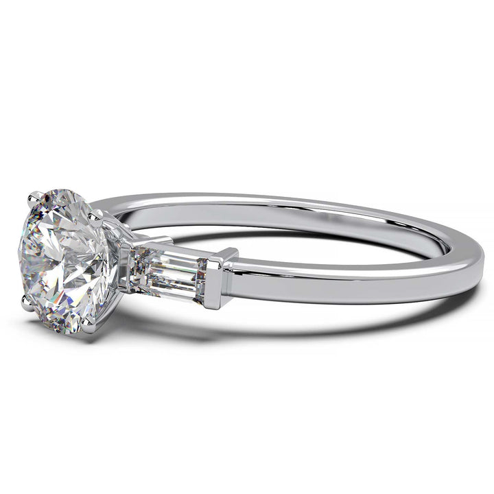 Elegant Round Diamond and Baguette Engagement Ring in Platinum or Gold
