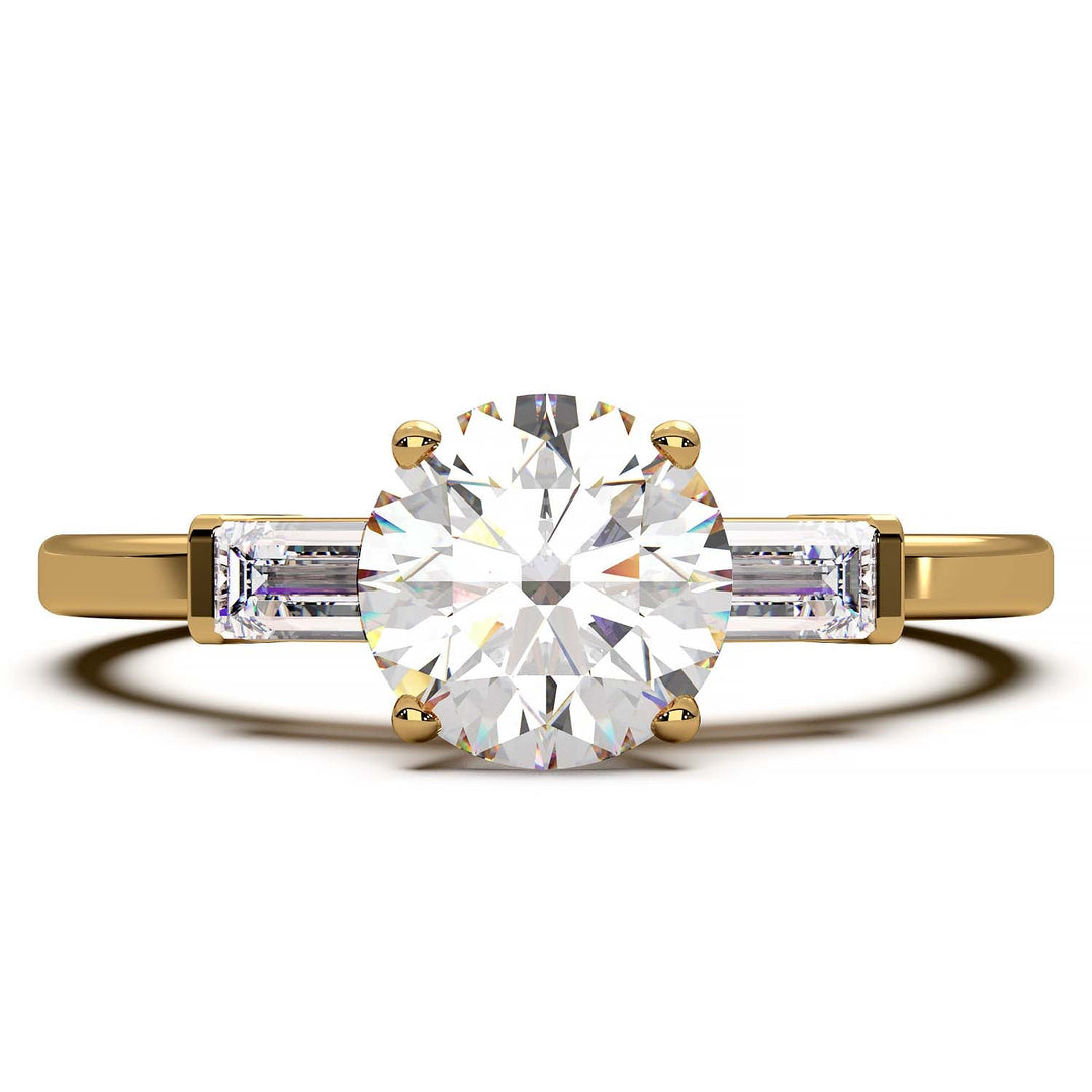 Elegant Round Diamond and Baguette Engagement Ring in Platinum or Gold