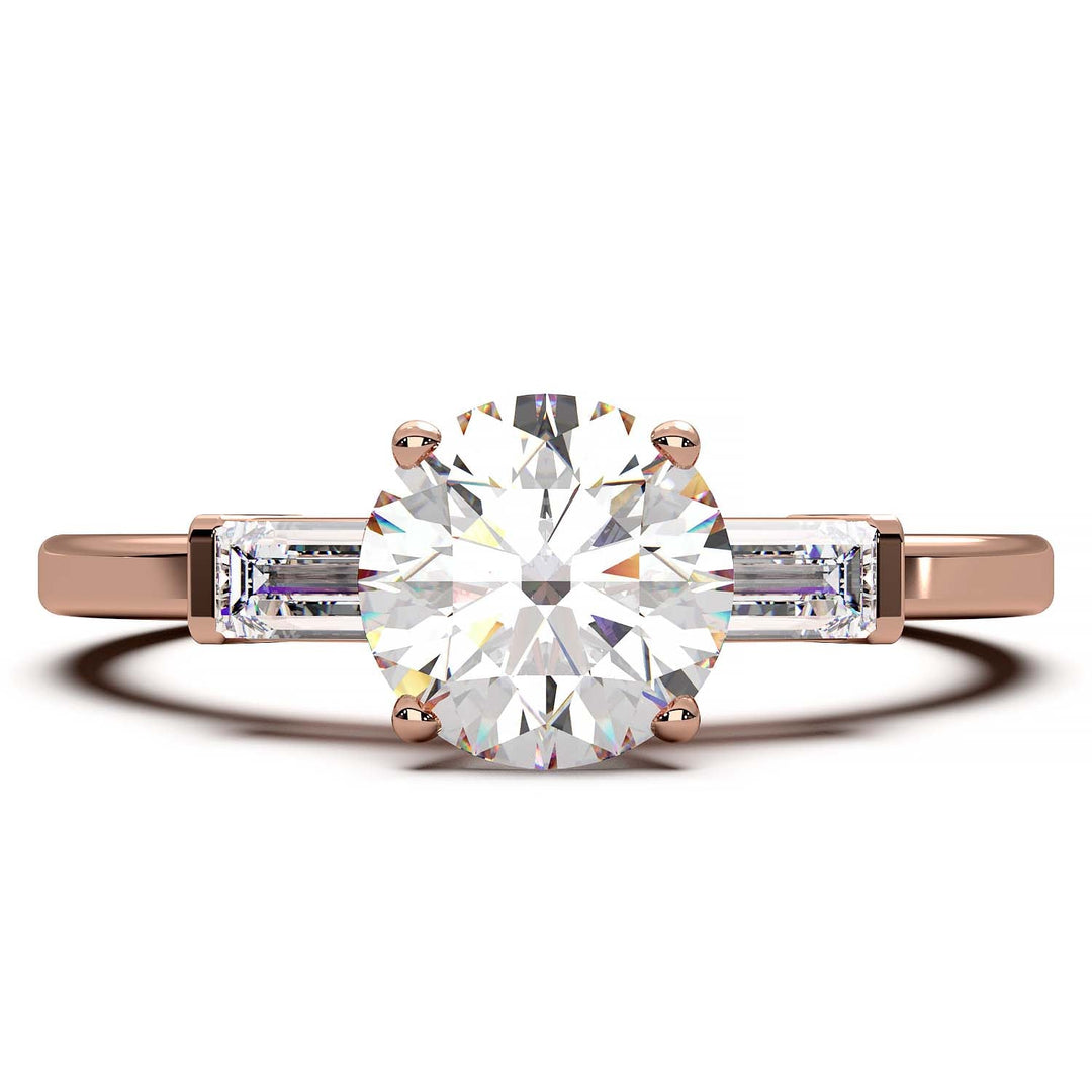 Elegant Round Diamond and Baguette Engagement Ring in Platinum or Gold