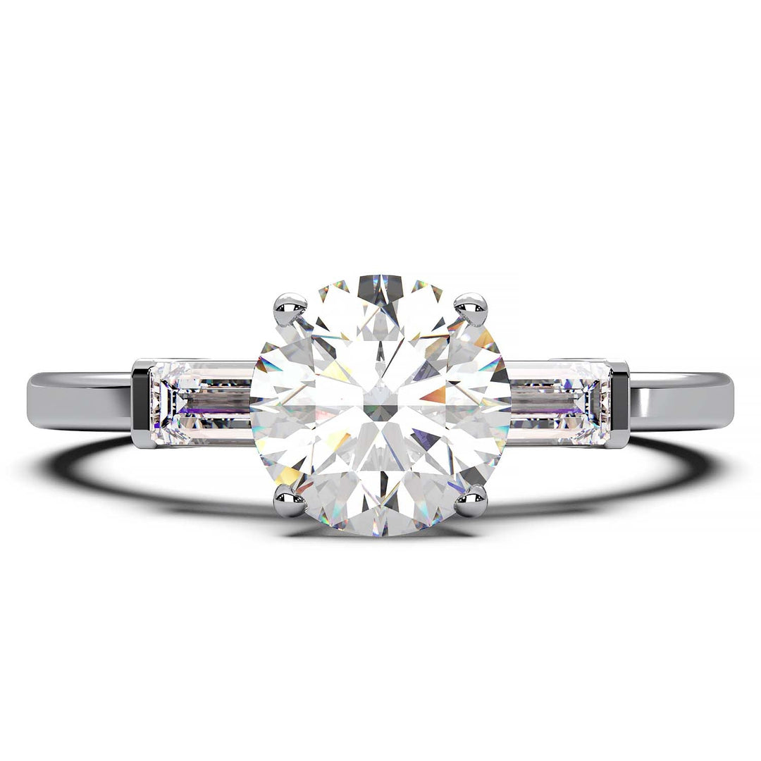 Elegant Round Diamond and Baguette Engagement Ring in Platinum or Gold