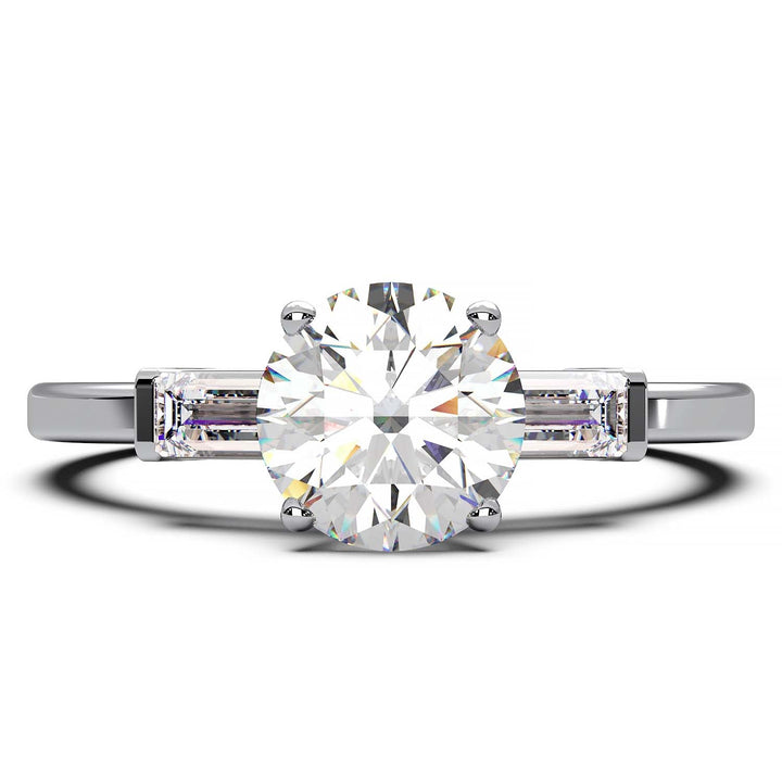 Elegant Round Diamond and Baguette Engagement Ring in Platinum or Gold
