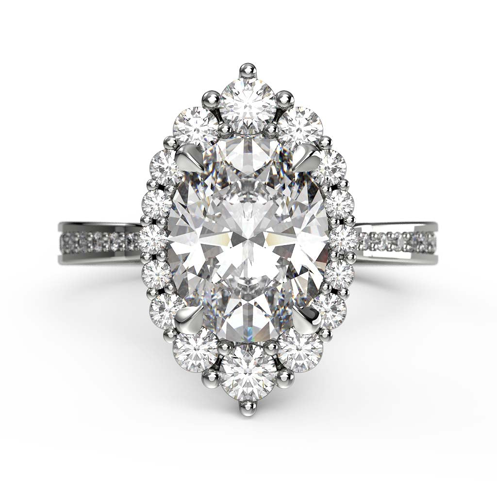 2CT oval moissanite halo engagement ring with pavé band in 14K gold.