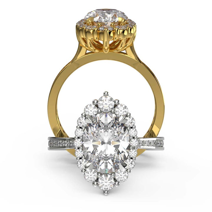 2CT oval moissanite halo engagement ring with pavé band in 14K gold.