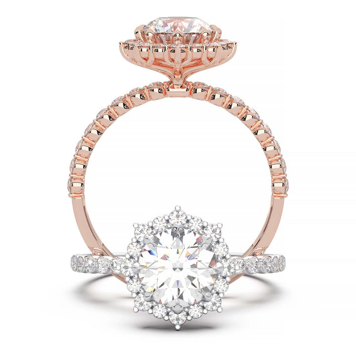 Captivating 1 CT Lab-Grown Round Diamond Sunburst Halo Engagement Ring with Shared Prong Band in 14K White Gold - A Sparkling Ode to Celestial Beauty