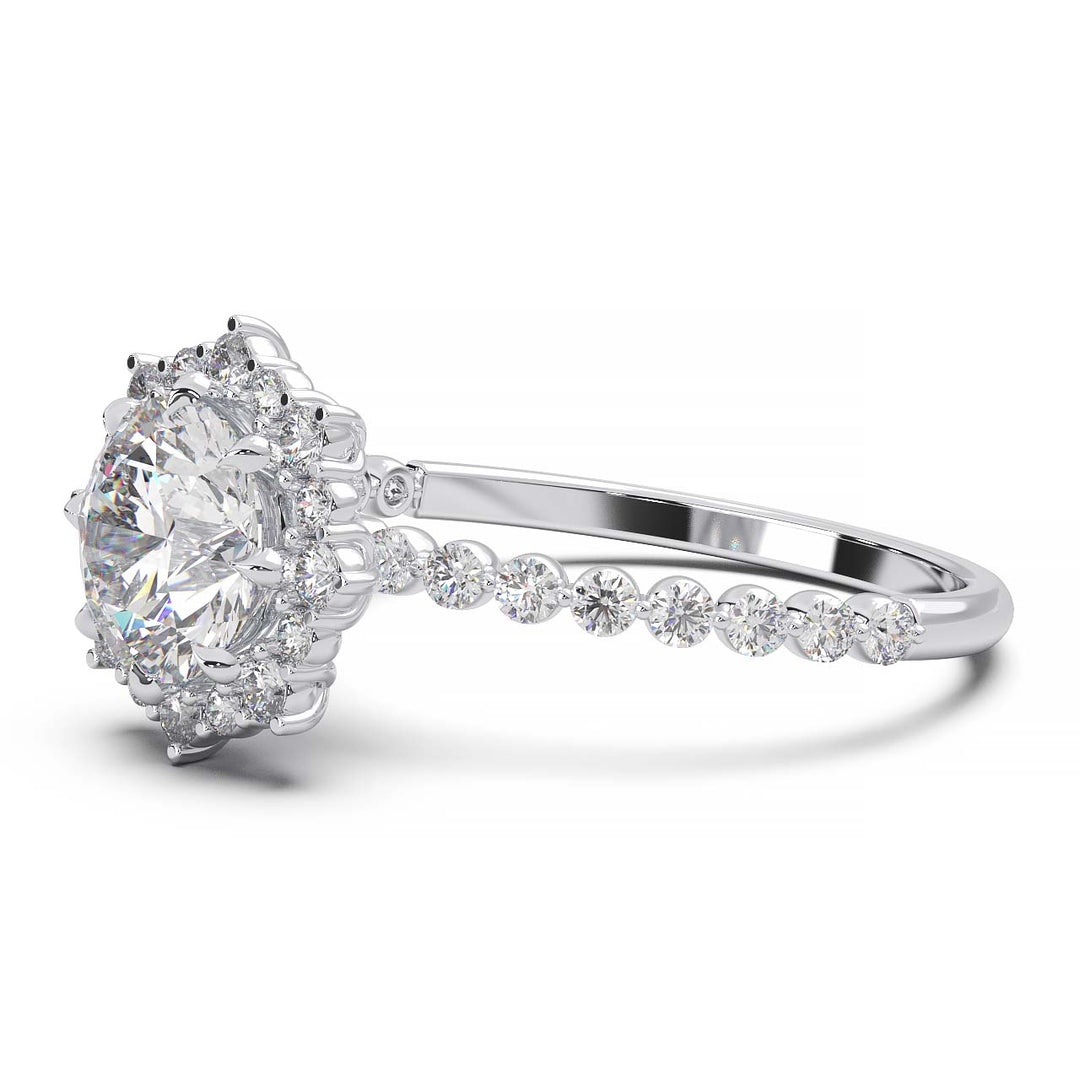 Captivating 1 CT Lab-Grown Round Diamond Sunburst Halo Engagement Ring with Shared Prong Band in 14K White Gold - A Sparkling Ode to Celestial Beauty