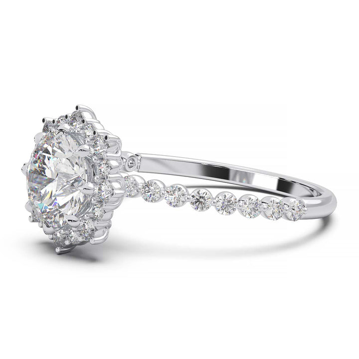 Captivating 1 CT Lab-Grown Round Diamond Sunburst Halo Engagement Ring with Shared Prong Band in 14K White Gold - A Sparkling Ode to Celestial Beauty