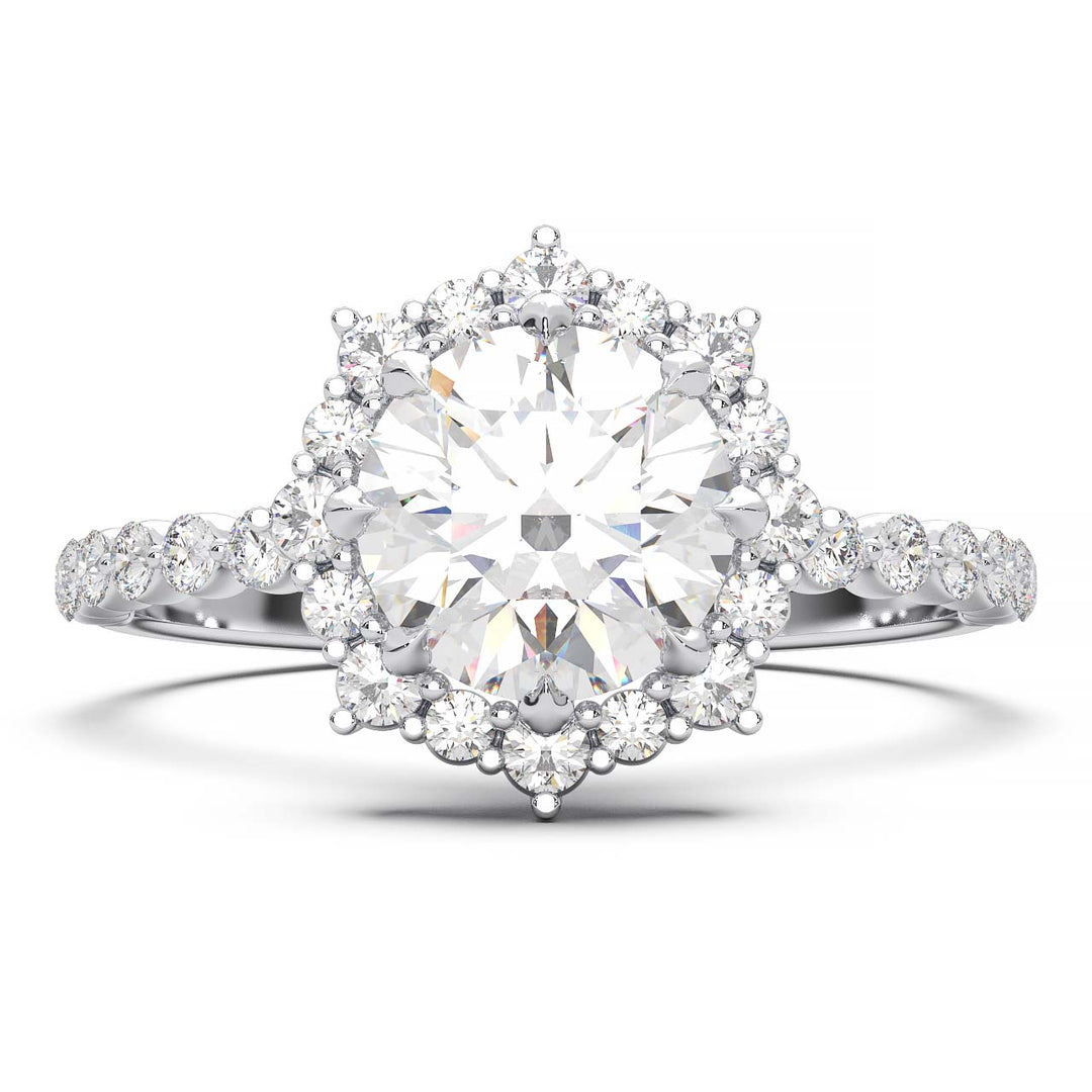 Captivating 1 CT Lab-Grown Round Diamond Sunburst Halo Engagement Ring with Shared Prong Band in 14K White Gold - A Sparkling Ode to Celestial Beauty