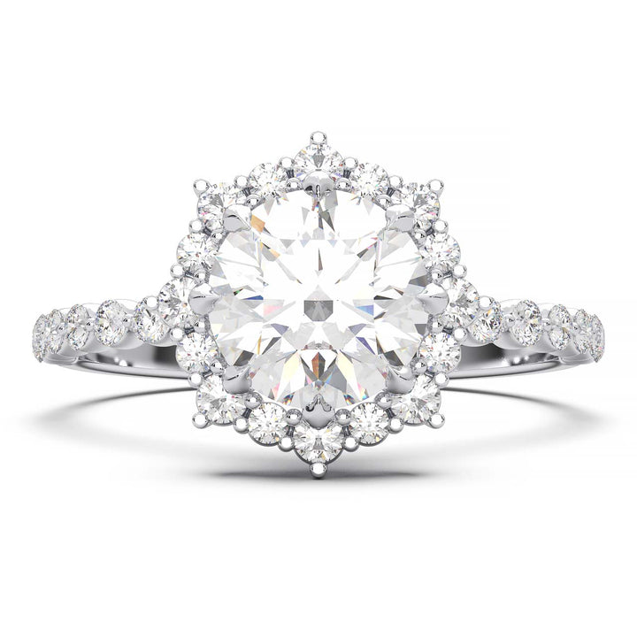 Captivating 1 CT Lab-Grown Round Diamond Sunburst Halo Engagement Ring with Shared Prong Band in 14K White Gold - A Sparkling Ode to Celestial Beauty