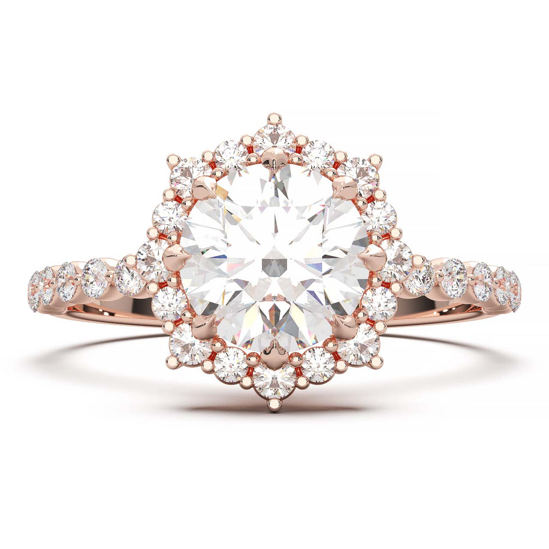 Captivating 1 CT Lab-Grown Round Diamond Sunburst Halo Engagement Ring with Shared Prong Band in 14K White Gold - A Sparkling Ode to Celestial Beauty