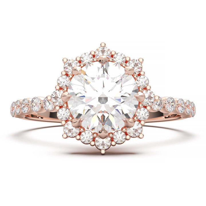 Captivating 1 CT Lab-Grown Round Diamond Sunburst Halo Engagement Ring with Shared Prong Band in 14K White Gold - A Sparkling Ode to Celestial Beauty