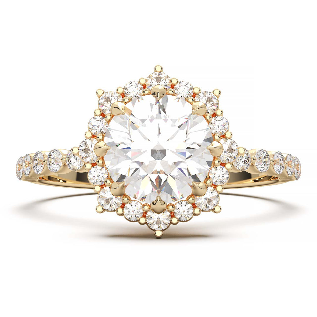 Captivating 1 CT Lab-Grown Round Diamond Sunburst Halo Engagement Ring with Shared Prong Band in 14K White Gold - A Sparkling Ode to Celestial Beauty