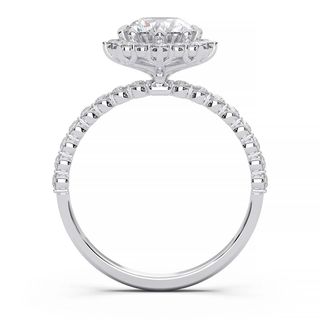 Captivating 1 CT Lab-Grown Round Diamond Sunburst Halo Engagement Ring with Shared Prong Band in 14K White Gold - A Sparkling Ode to Celestial Beauty