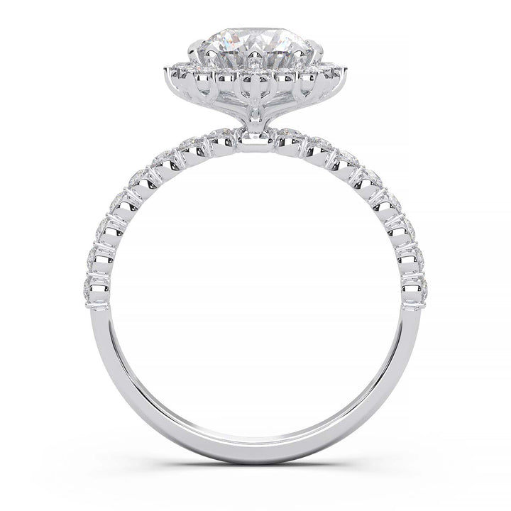 Captivating 1 CT Lab-Grown Round Diamond Sunburst Halo Engagement Ring with Shared Prong Band in 14K White Gold - A Sparkling Ode to Celestial Beauty