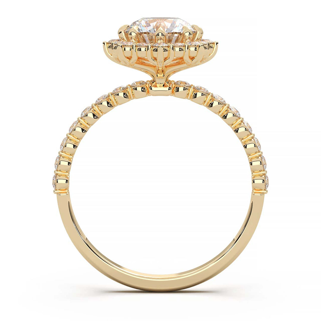 Captivating 1 CT Lab-Grown Round Diamond Sunburst Halo Engagement Ring with Shared Prong Band in 14K White Gold - A Sparkling Ode to Celestial Beauty
