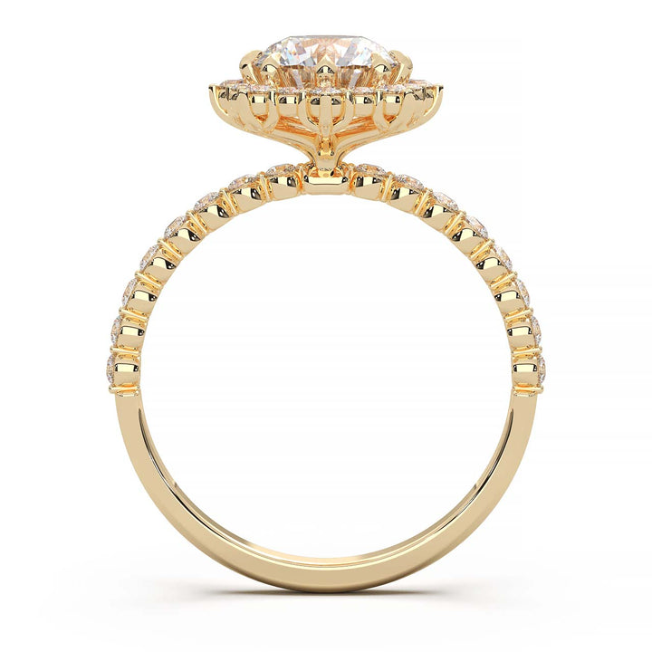 Captivating 1 CT Lab-Grown Round Diamond Sunburst Halo Engagement Ring with Shared Prong Band in 14K White Gold - A Sparkling Ode to Celestial Beauty
