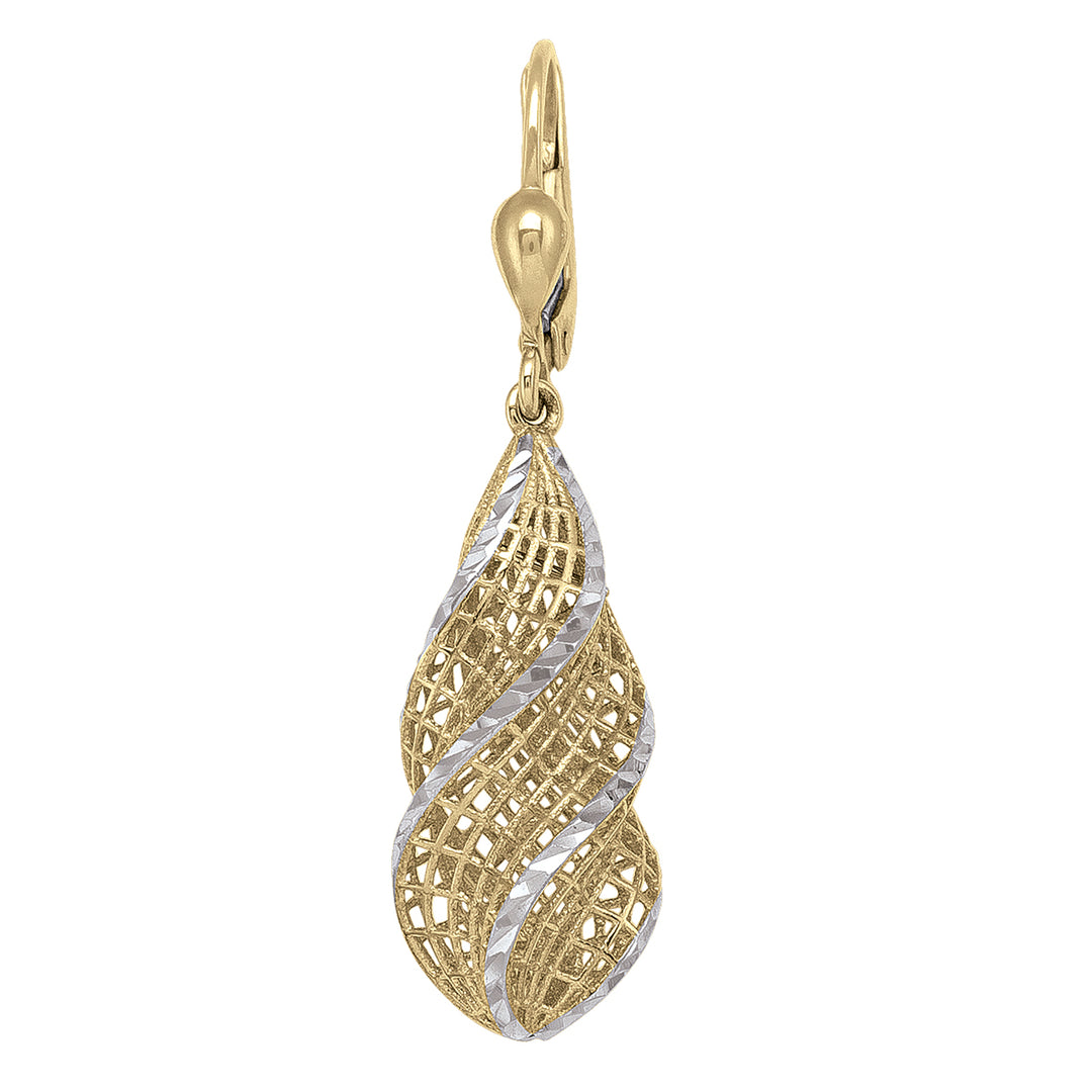 Elegant 14K gold teardrop earrings with two-tone spiral filigree design, showcasing a blend of luxury and intricate artistry.
