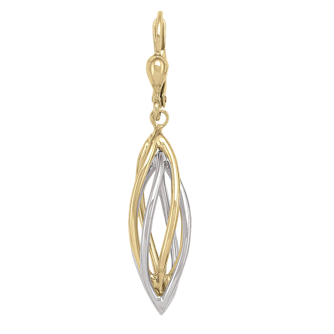 Elegant 10k two-tone gold fancy drop earrings, featuring interlaced yellow and white gold in a leaf-inspired design, 28.4mm in height.