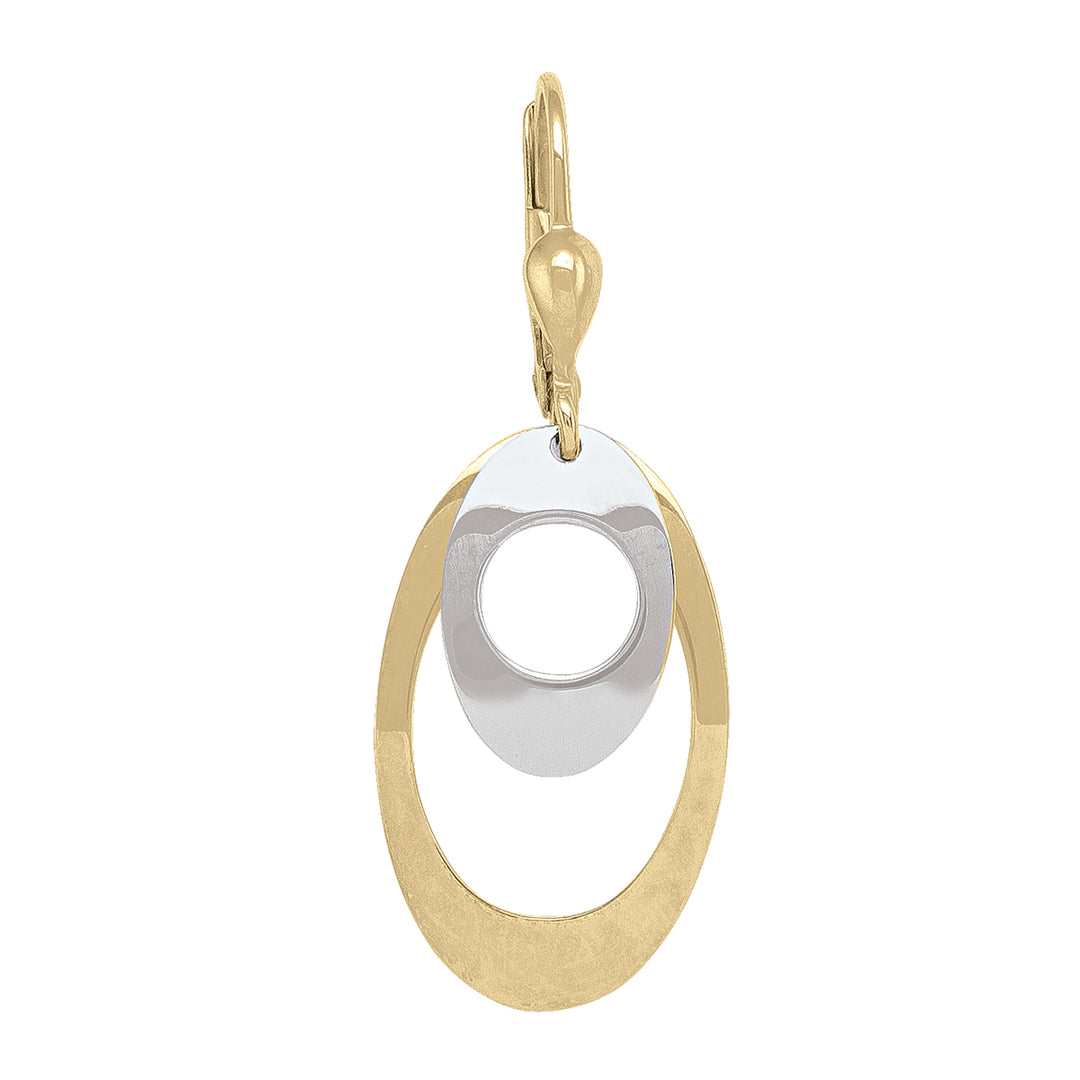 Sleek 10k two-tone gold oval drop earrings, combining yellow and white gold in an elegant layered design, measuring 23.3mm in height.