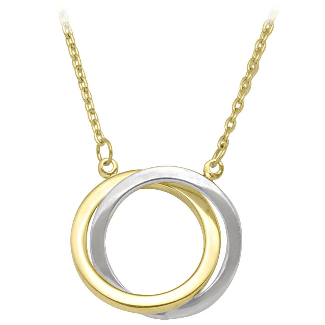 Stylish two-tone gold love knot necklace featuring a yellow and white gold pendant on a delicate yellow gold chain, representing unity and eternal love.