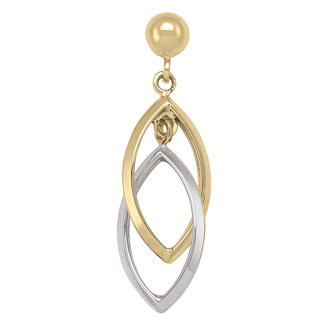 Gold two-tone teardrop dangle earrings in 10K, with interlaced gold and silver hues and a polished finish.