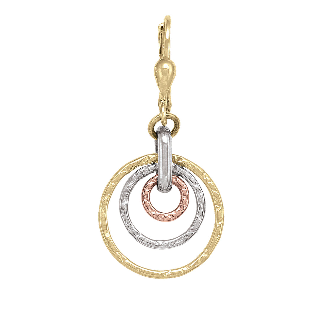 Stylish 10k tri-colour gold circle drop earrings featuring intertwined rings of yellow, white, and rose gold, measuring 17.5mm in diameter.