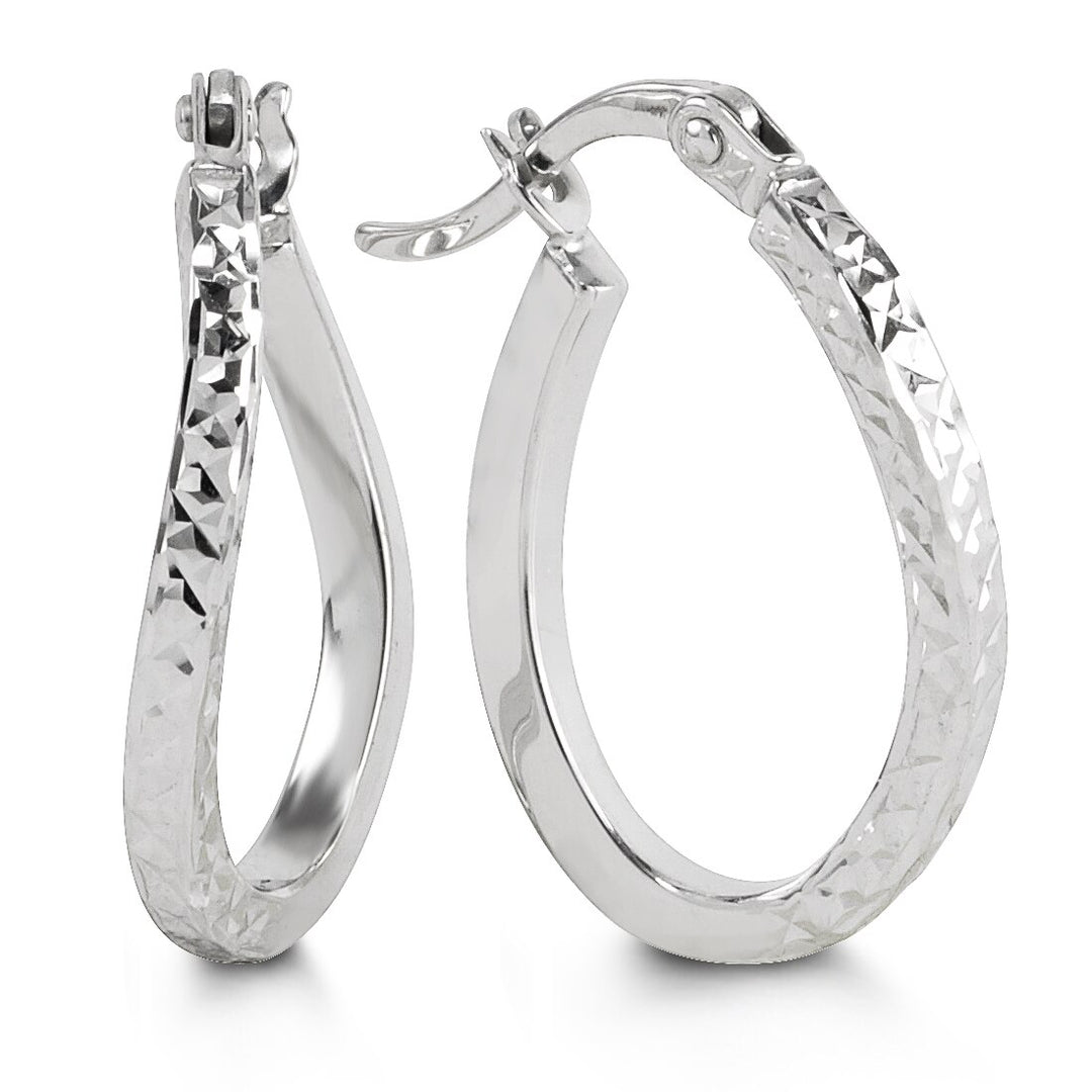 10K white gold hoop earrings featuring a unique textured, hammered finish, providing a sophisticated and sparkling appearance.