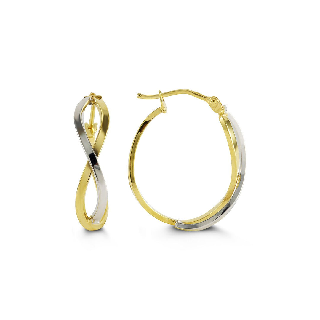 Elegant two-tone 10K gold double hoop earrings featuring intertwined yellow and white gold hoops, creating a stylish and sophisticated accessory.