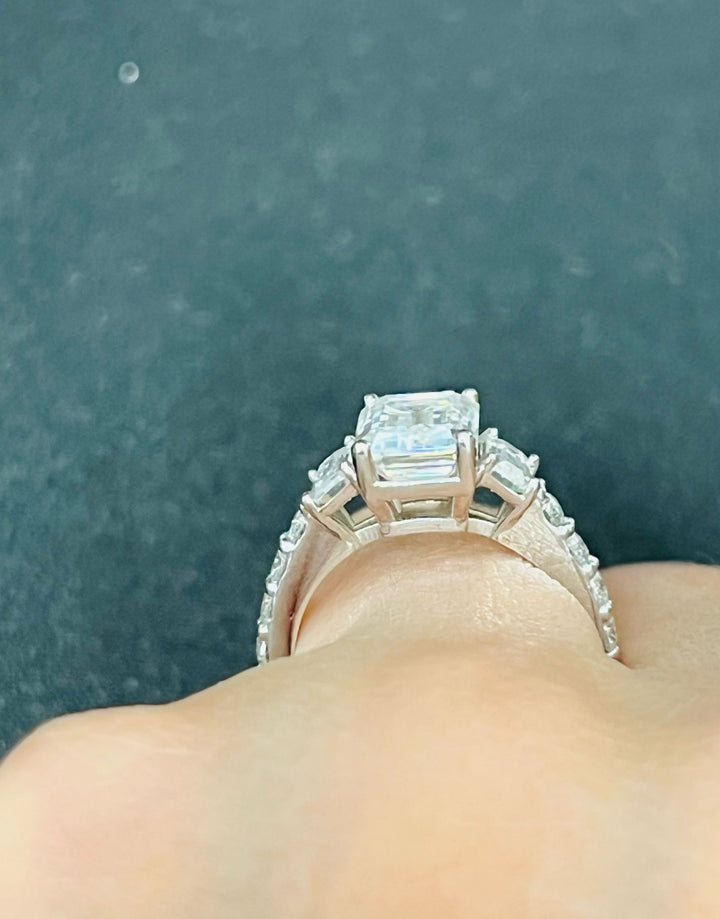 Chic 14K Gold Emerald Cut Moissanite Ring with Side Stones