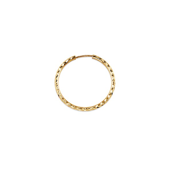 Chic 10K yellow gold hoop earrings with a diamond-cut finish, 27mm in diameter and 2mm wide, adding a shimmering touch to any outfit.