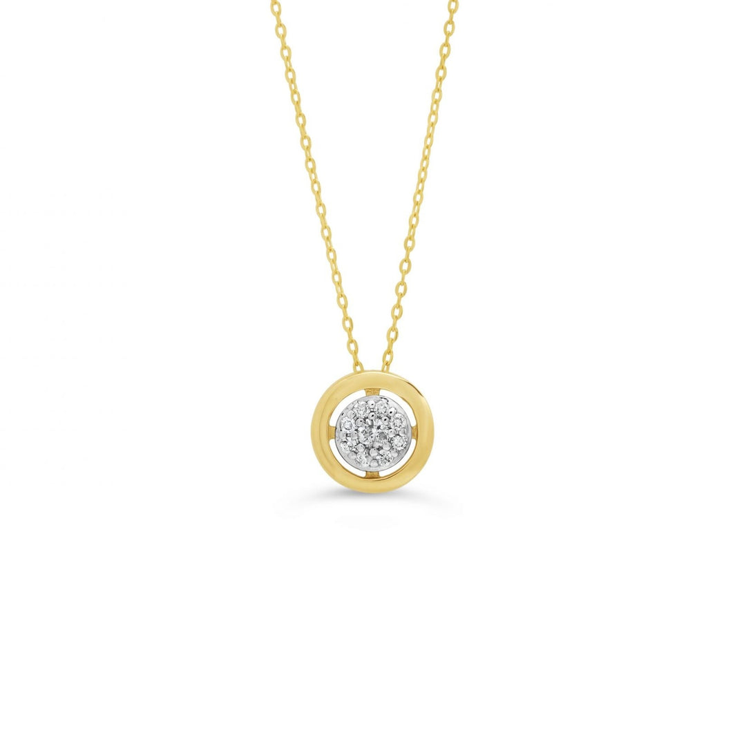 Luxurious 10K yellow gold circle pendant with 0.05 ct of diamond pavé, elegantly hanging on a fine gold chain, ideal for a sophisticated and classic jewelry addition.