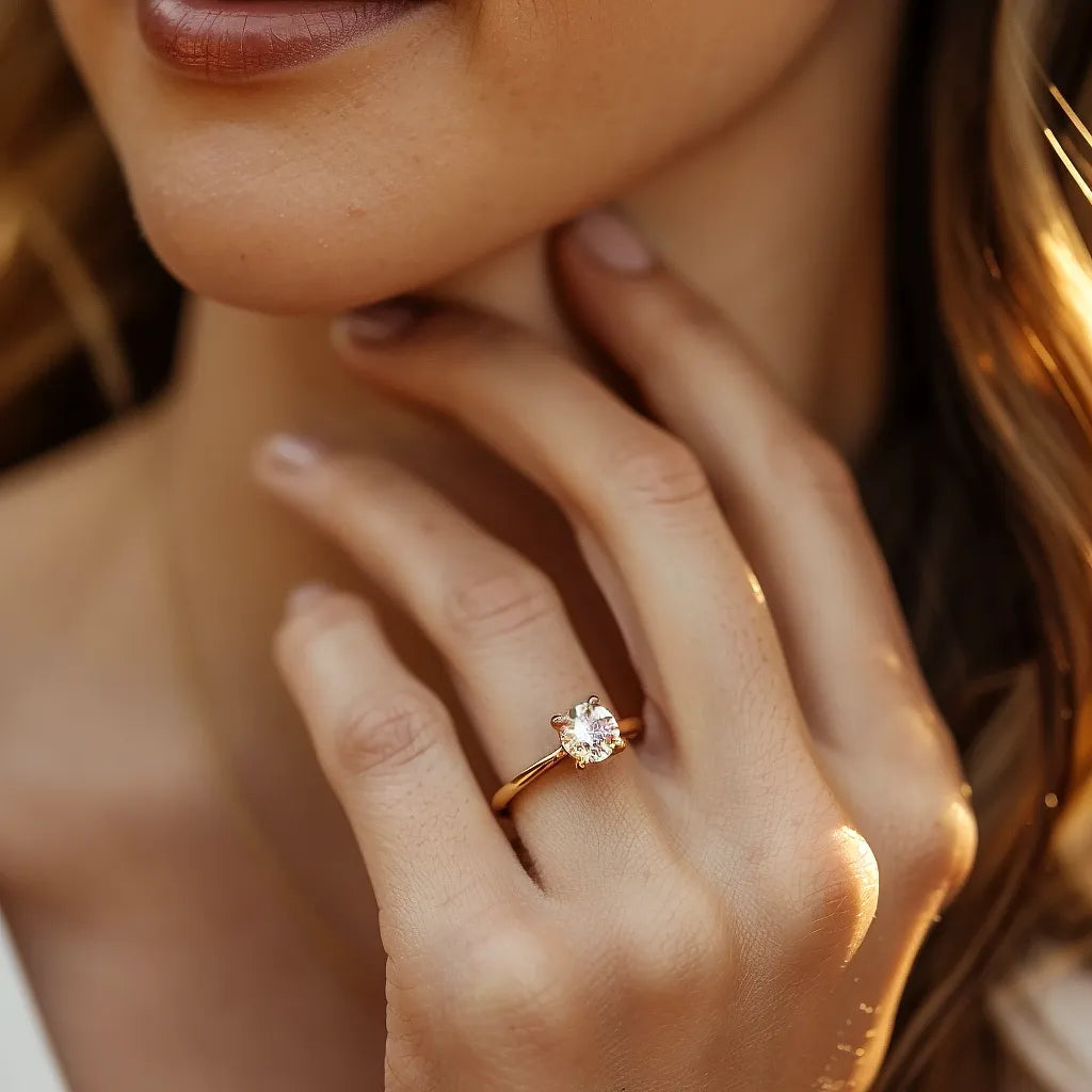 Close-up of an elegant engagement ring with a central diamond, set on a gold band, showcased on a woman's finger
