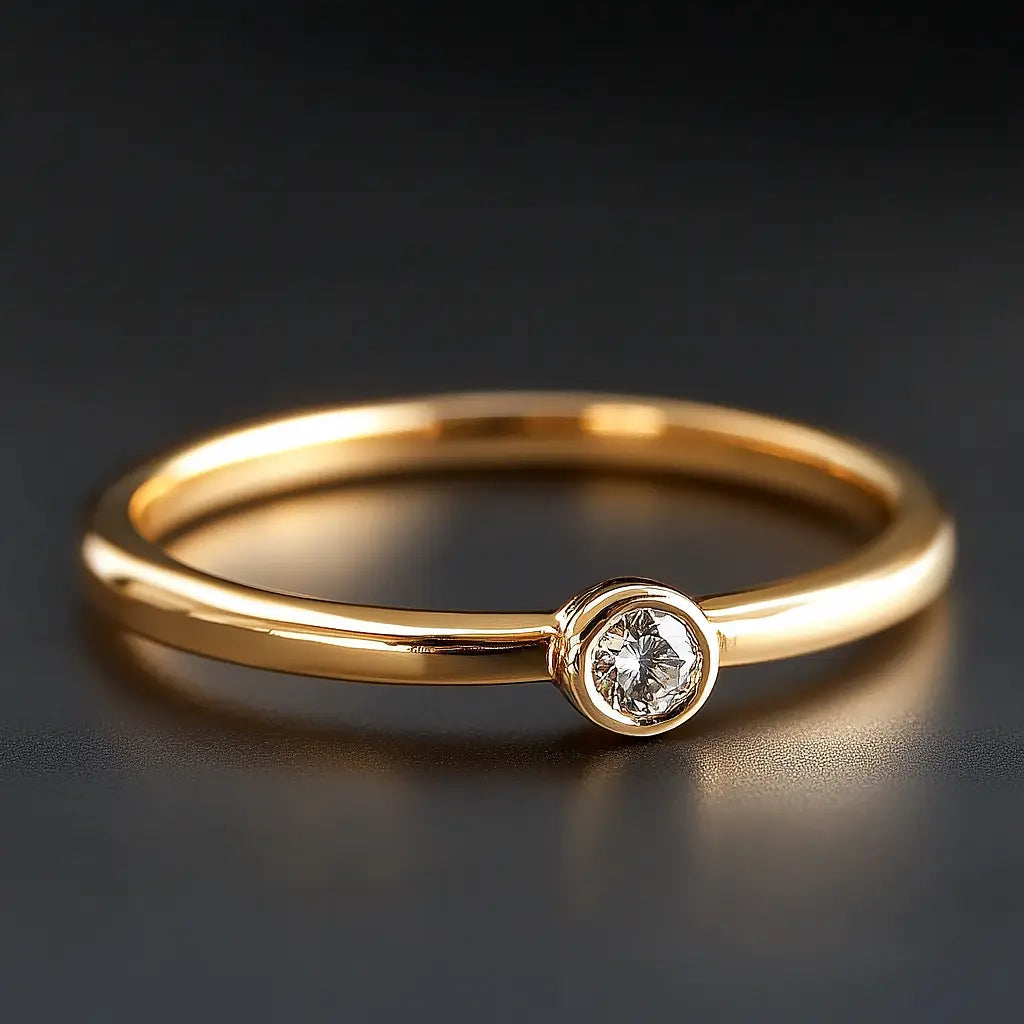 A gold ring with a sleek band and a bezel-set diamond, perfect for kids or delicate styling.