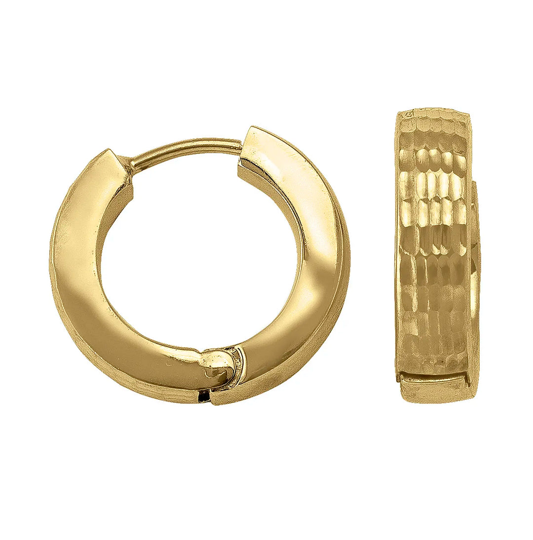 A pair of gold huggie earrings with a textured, hammered finish, shown from front and side views